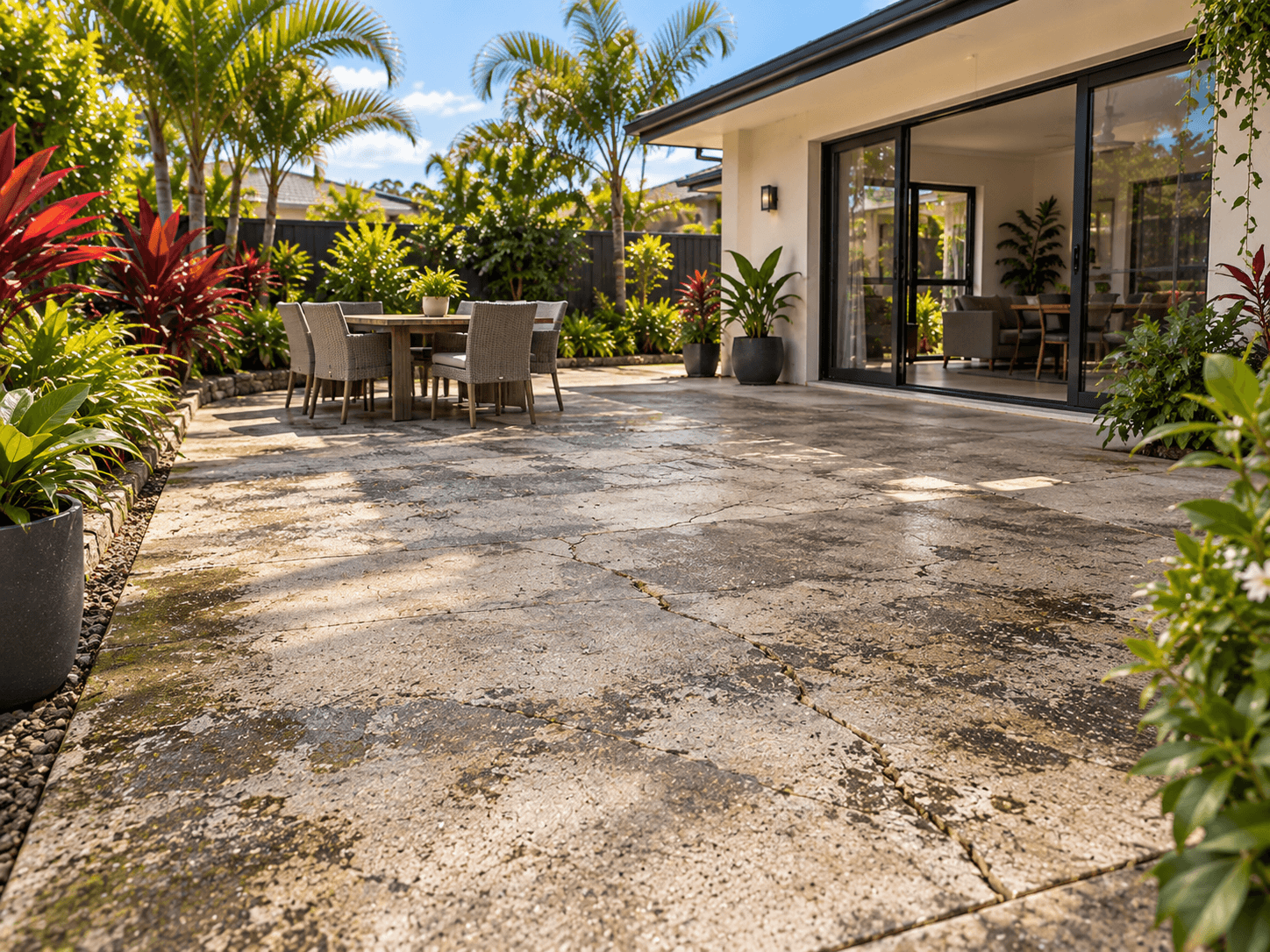 Worn patio concrete before restoration